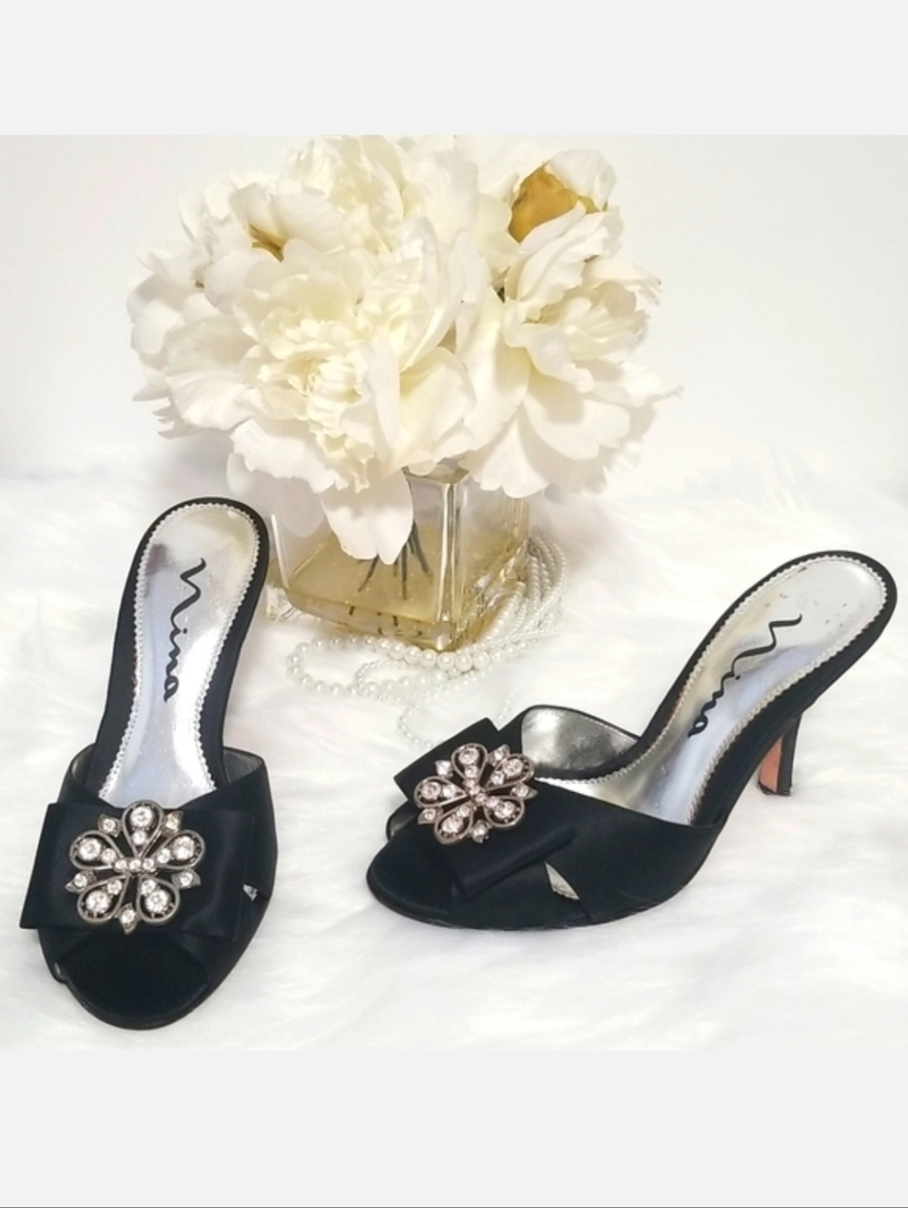 Nina Black Open-Toe Mules Rhinestones Crystal Flower Embellishment Slip-On Heels